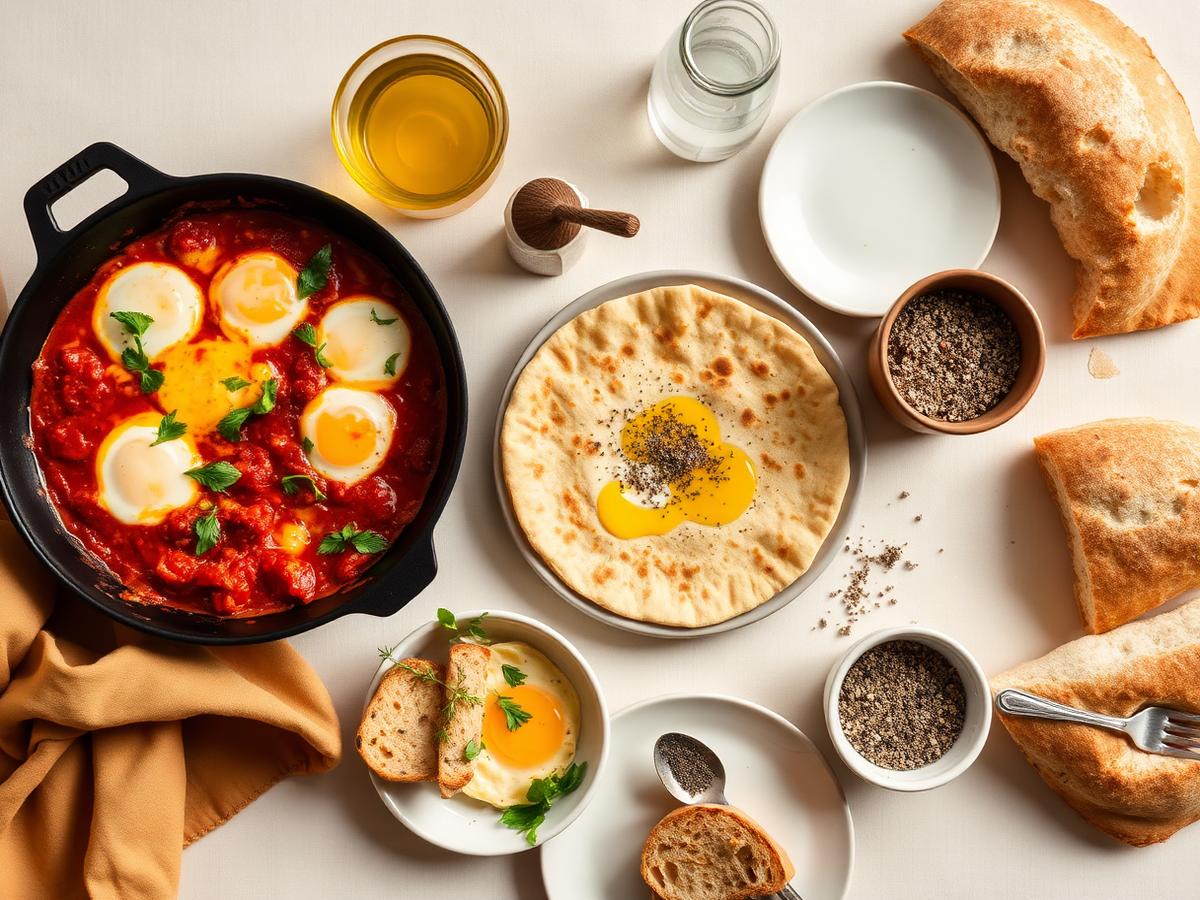 Fresh breakfast spread with shakshuka and paratha