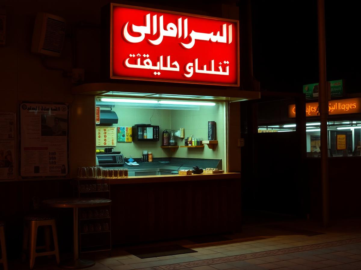 Cafeteria takeaway counter at night in Al Khobar