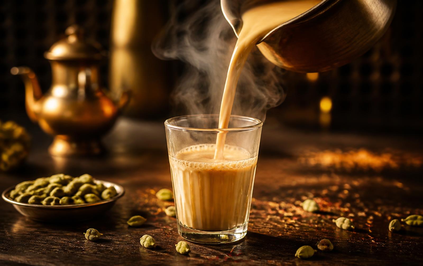 Karak tea being poured into a glass at بوفيه كرك ياسر