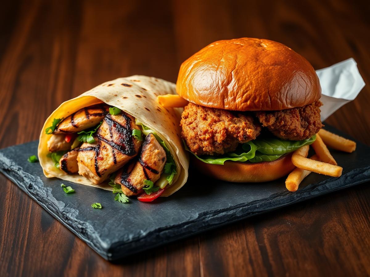 Chicken shawarma wrap and burger with fries